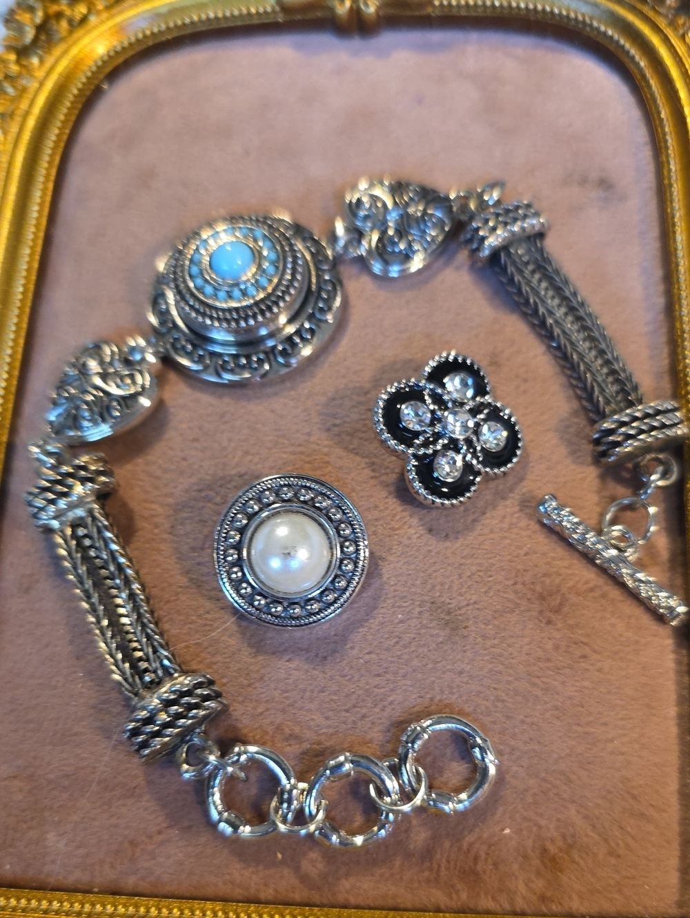 Vintage Interchangeable Ginger Snap Jewelry Bracelet & 3 Charm Snaps Set